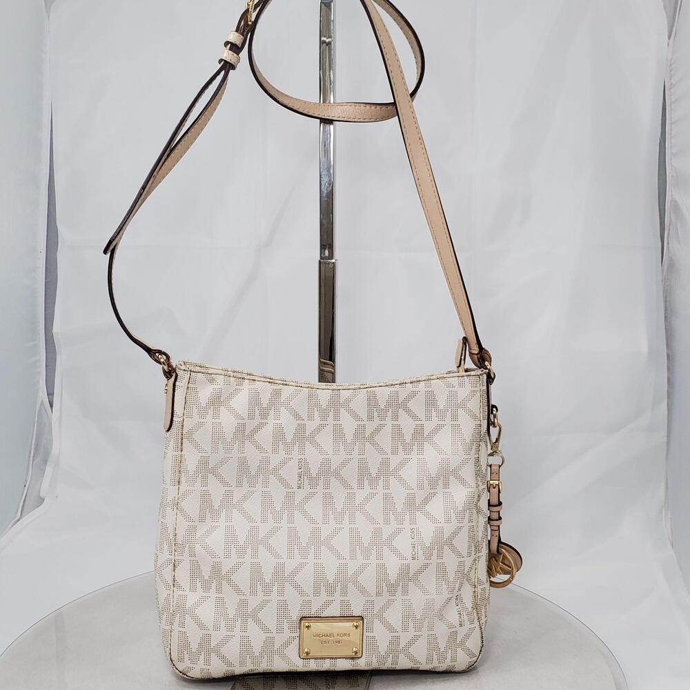Worn Michael Kors Jet Set Travel Logo Coated Canvas Crossbody Bag Vanilla